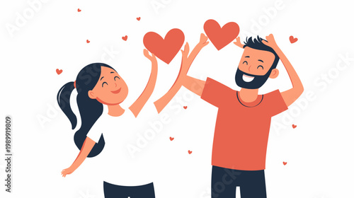 Illustration depicts a joyful couple celebrating with heart symbols, sharing happiness and love