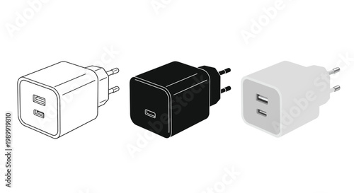 Three different usb wall chargers displayed in a row