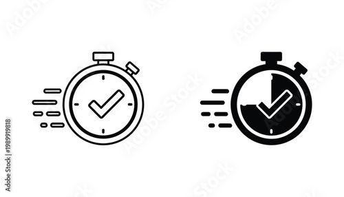 Stopwatch with checkmark icon set representing speed and efficiency in professional black vector design