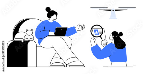 Remote work scene. Individuals engaging with technology for remote work, holding laptop and performing ID verification. Remote work as safe and flexible. For business, technology, digital security