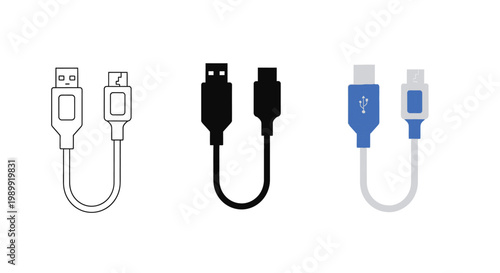 Illustration of various usb connector types in different colors and styles