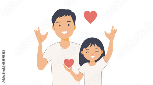 Cheerful father and child illustration with hearts, waving and smiling, white background