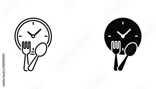 Clock with fork and spoon icon set representing meal time and diet scheduling in clean vector style