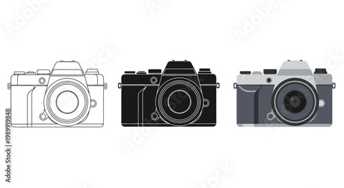 Three vintage film cameras displayed in outline silhouette and color