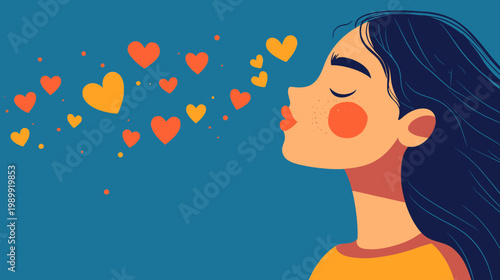 A woman in profile exhales hearts against a blue backdrop, celebrating love and affection
