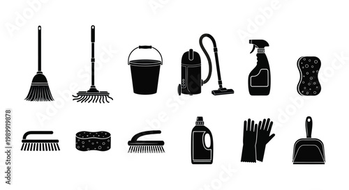 Black and white silhouettes of various cleaning tools and supplies