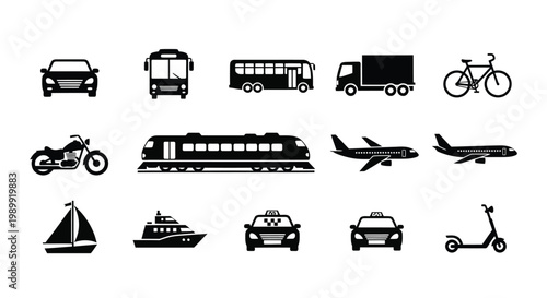 Black silhouette icons depicting various modes of transportation and vehicles
