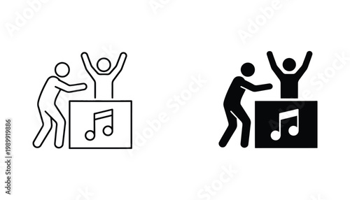 Music performance icon set depicting person on stage with musical notes in outline and solid glyph styles for entertainment industry and event management digital interface design projects