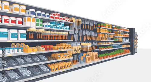A vast array of home improvement supplies including paint cans and garden tools sits neatly organized on long metal shelves within a bright retail store.