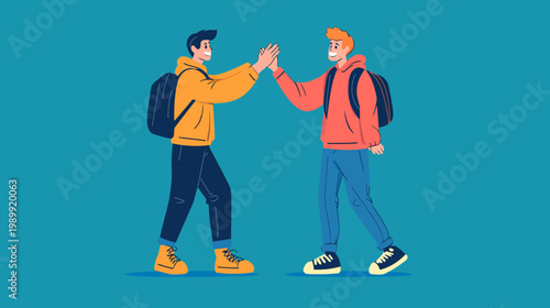 Two young men in casual attire, with backpacks, give each other a high-five against a turquoise backdrop