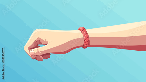 Pixelated artwork of a stylized arm, hand clenched, and a bracelet against a light blue backdrop