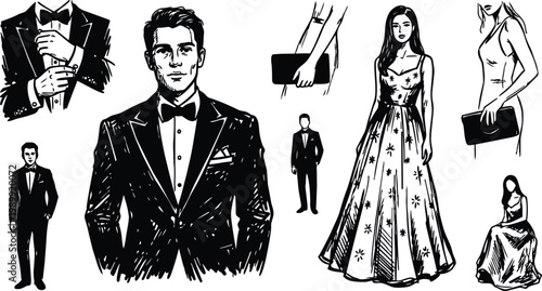 Black and white line art tuxedo man with bow tie pocket square and evening gown woman holding clutch