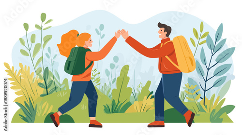 Illustration of two hikers giving a high-five, surrounded by greenery. Nature and friendship