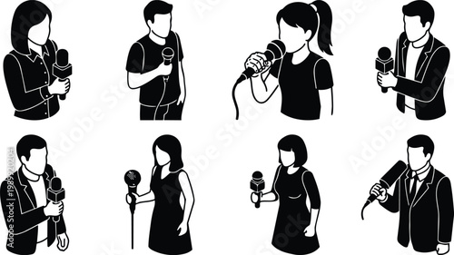 Reporters and presenters holding microphones in black and white vector line art