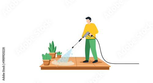 A diligent man wearing a bright yellow shirt and green trousers uses a powerful high-pressure washer to clean dirt from a wooden outdoor patio deck surface.