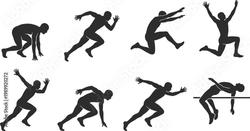 Athlete jumping silhouettes set, track and field sports poses including sprint start and long jump, black vector collection for fitness, training and competition design use