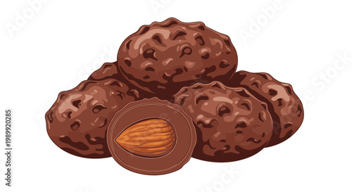 A tempting pile of textured chocolate-covered almond clusters features one piece cut in half to showcase the whole roasted nut at its internal center core.