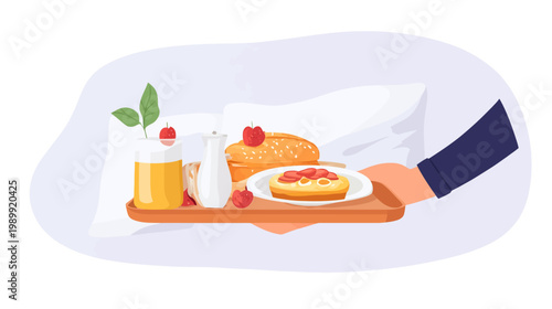 A hand carries a tray of breakfast items like bread, juice, waffles and milk. Cozy breakfast scene