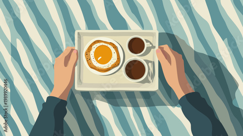 Artistic top-down view of breakfast fried egg, coffee cups, and hands holding a tray on striped fabric