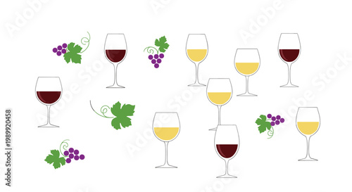 Multiple elegant wine glasses containing red and white varieties are scattered across a white background alongside vibrant purple grapes and green leaves.