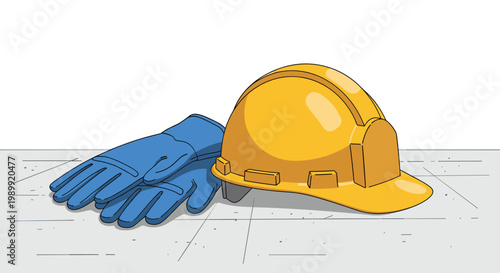 A bright yellow industrial hard hat leans against a pair of durable blue protective work gloves on a textured gray concrete surface under bright light.