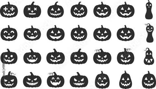 Halloween pumpkin icons collection, spooky jack o lantern faces in various styles, black vector set for horror, autumn, decoration and festive design use