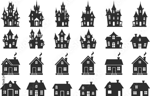 Haunted house silhouettes collection, spooky buildings and gothic homes in various styles, black vector set for Halloween, horror, fantasy and dark design use