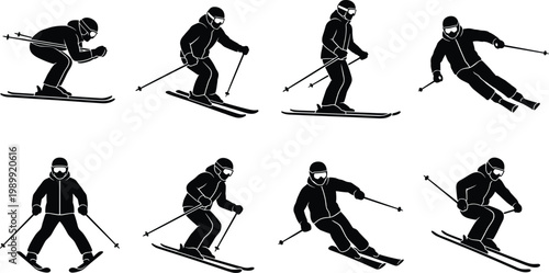 Skiing silhouettes collection, winter sport athletes in downhill and freestyle poses, black vector set for snow, outdoor activity, adventure and fitness design use