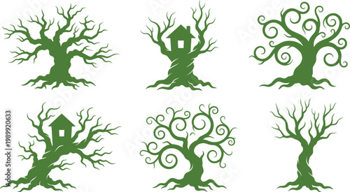 Spooky tree silhouettes collection, twisted haunted trees and creepy forest elements, black vector set for Halloween, horror, fantasy and dark nature design use