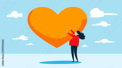 A person with a red shirt and black pants holding a large orange heart shape