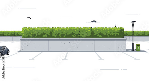 A spacious and well-maintained outdoor parking lot is bordered by lush green hedges and features modern street lamps and a green recycling bin.