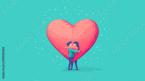 A couple embraces in front of a giant heart, surrounded by shimmering particles, on a blue background