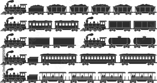 Train silhouettes collection, steam locomotives, cargo wagons and passenger cars, black vector set for railway, transport, travel and vintage industrial design use