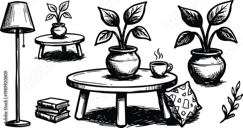 Black and white line art low round table with potted plants lamp books and cup