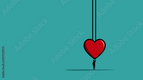 A small figure holds a giant heart, suspended from above, against a teal backdrop