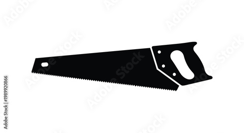 A stark black silhouette of a hand saw clearly defined against white background silhouette