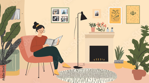 Illustration of a woman reading in a cozy living room with plants, artwork, and fireplace