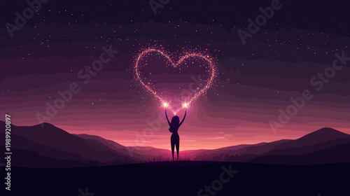 Silhouette of a person creating a sparkling heart over a mountain range during sunset