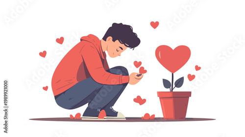 A person nurtures heart-shaped plant. Hearts float around a person kneeling near the pot