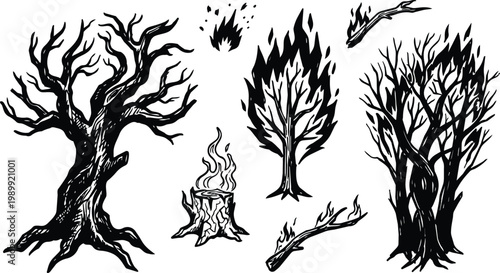 Black and white burning trees and flaming stump line art vector