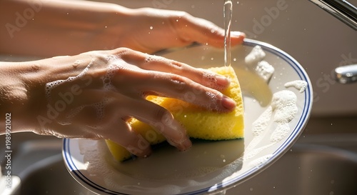 Hands washing a dirty plate with a yellow sponge and soap suds under running water