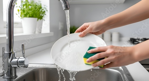 Hands washing a plate under running water in a modern kitchen sink with a sponge