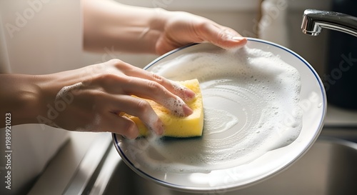 Hands washing a plate with a sponge in soapy water, close-up view