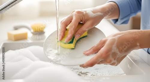 Hands washing a plate with a sponge under running water in a soapy sink