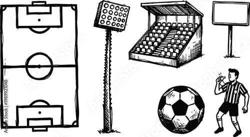 Black and white hand drawn soccer pitch diagram with ball referee stands and floodlight