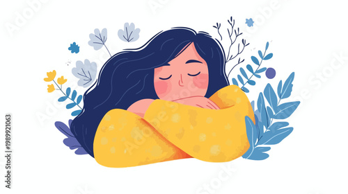 A woman is wrapped in a yellow blanket, eyes closed, surrounded by flowers and leaves