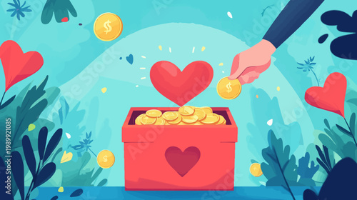 A vibrant illustration depicts giving with a red heart, coins, and lush foliage in a colorful setting