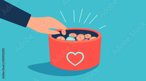 A hand places coins into a red container with a heart on a blue background. Illustrative design