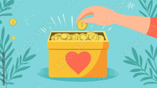 Illustration of a hand dropping a coin into a box full of coins. A heart is on the box