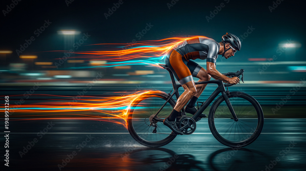 Obraz premium Professional cyclist riding fast with colorful light trails emphasizing speed and endurance. Dynamic sports concept representing fitness, competition, training performance.
